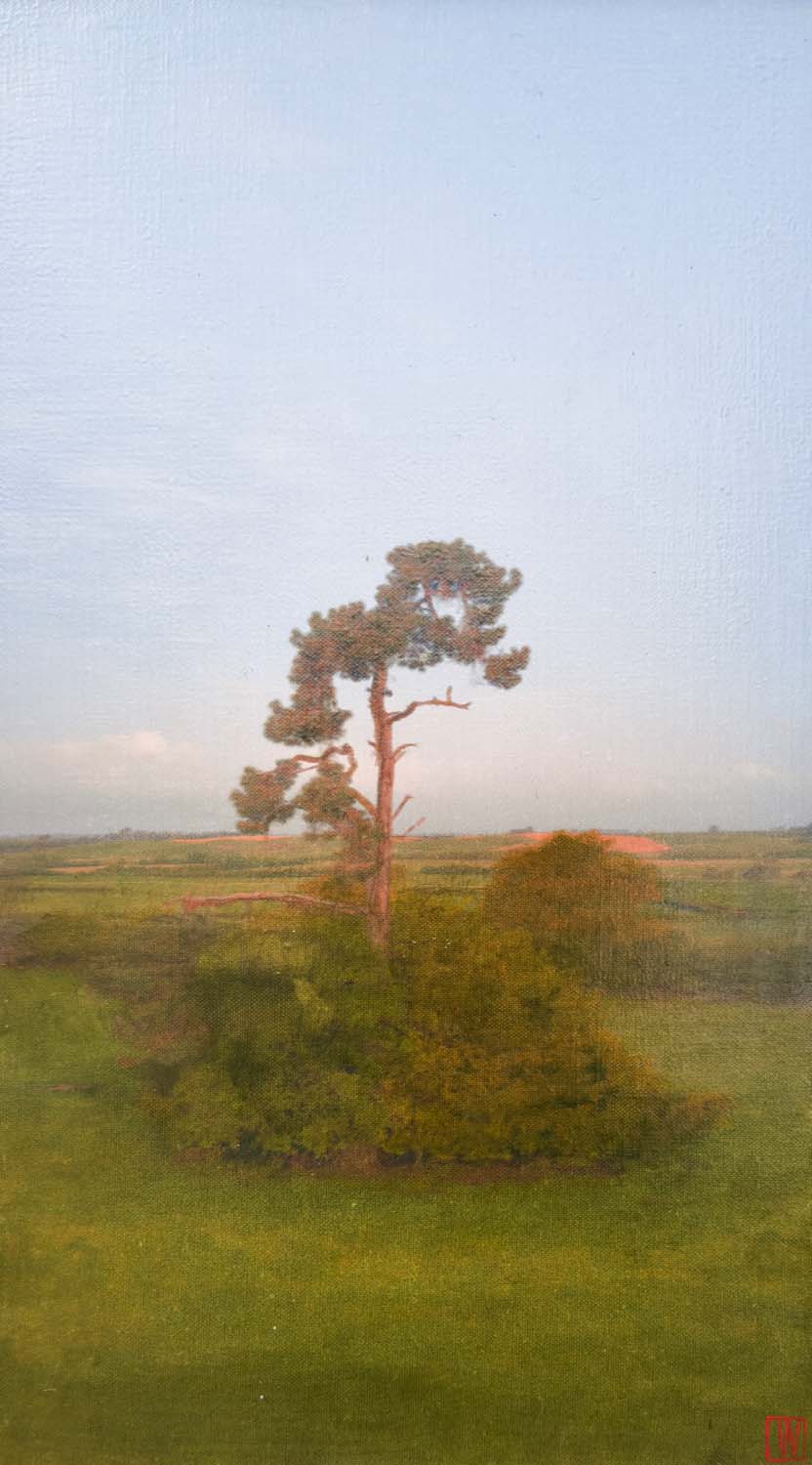 A final birdcall, the day ends with a small signature of sound, oil on linen, 76x41cm 2026