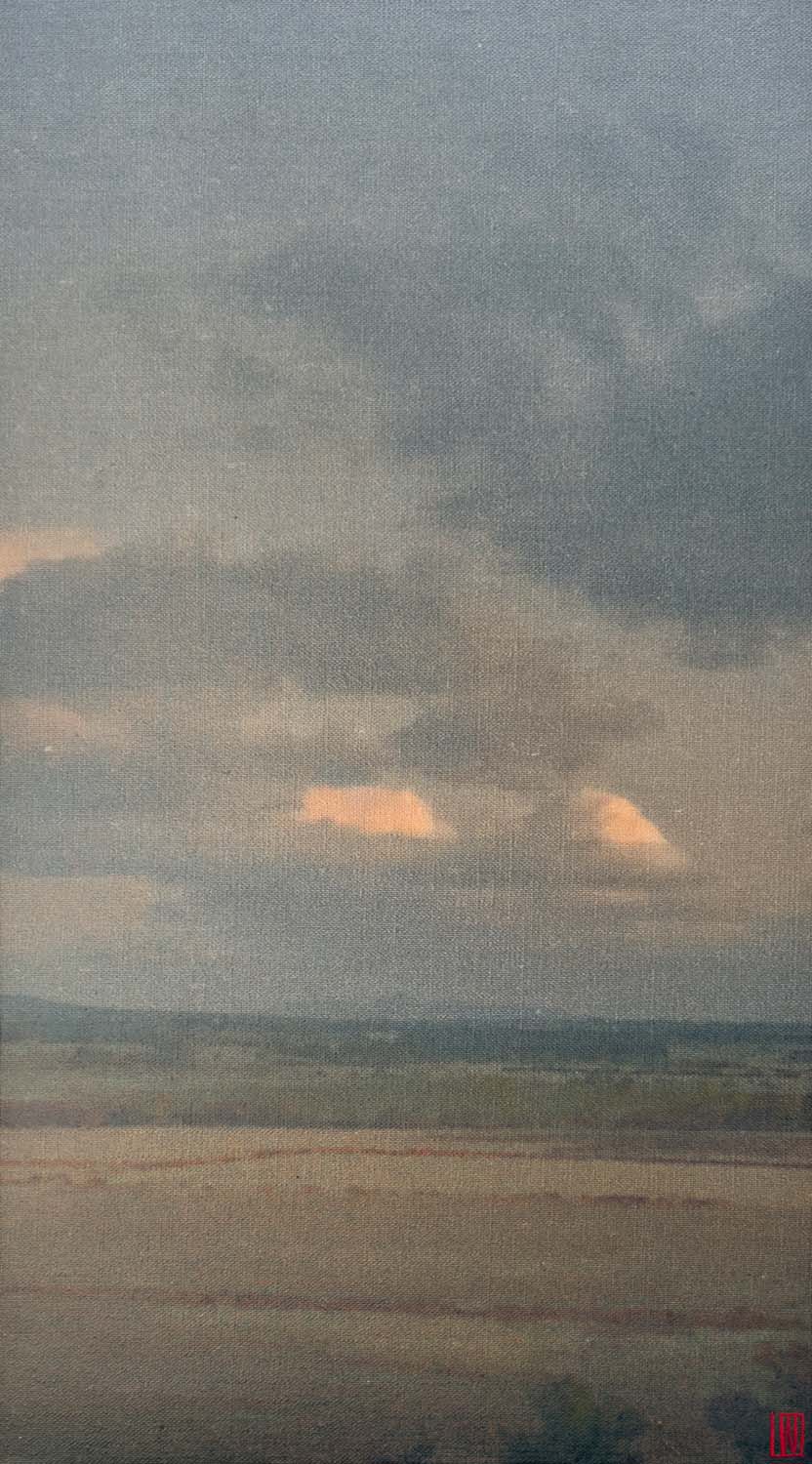 Clouds reconsider, restraint falls instead, oil on linen, 76x41cm 2026