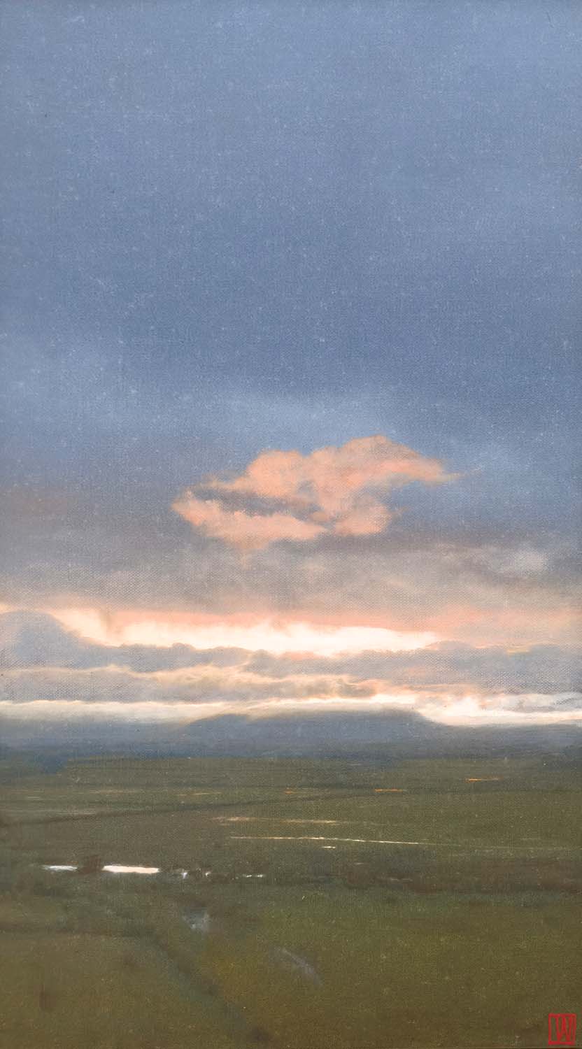 Light leans westward, thinking, pauses to consider ending, oil on linen, 76x41cm 2026