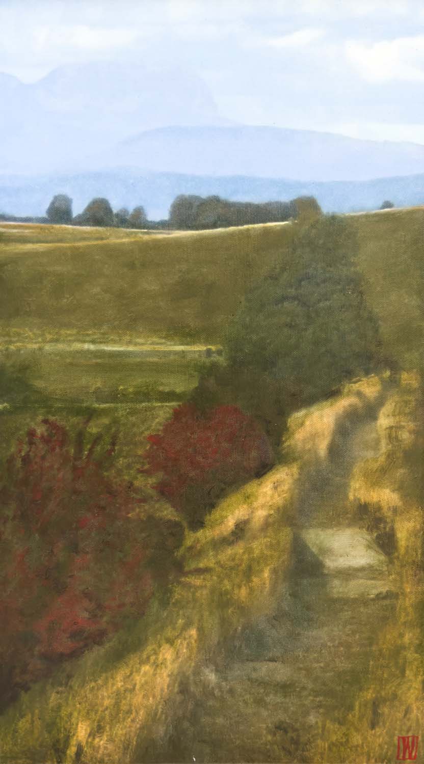 Light moves like thought across stubble, oil on linen, 76x42cm 2026