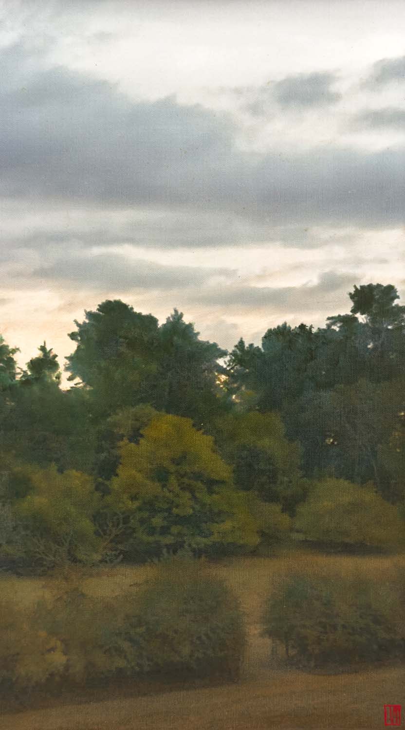 Listen - we interrupt ourselves, the ground waits, oil on linen, 76x41cm 2026